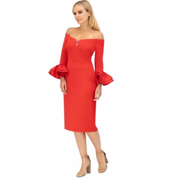 Eliza J Red Ruffled-Cuff Off-The-Shoulder Cocktail Dress - SZ 4 - NWT - Picture 4 of 13